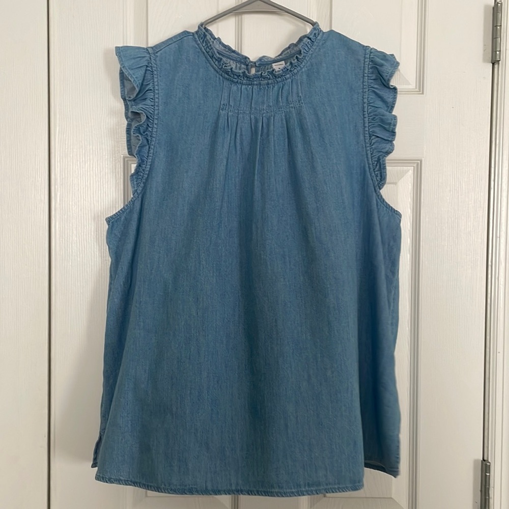Sleeveless Denim Ruffle-Yoke Top - Blue